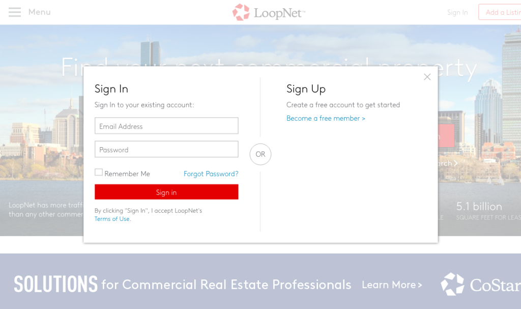 LoopNet Login page